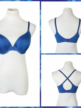 10/$25🦋 VS Blue Metallic Shine Convertible Uplift Semi Demi Bra - Size 36D